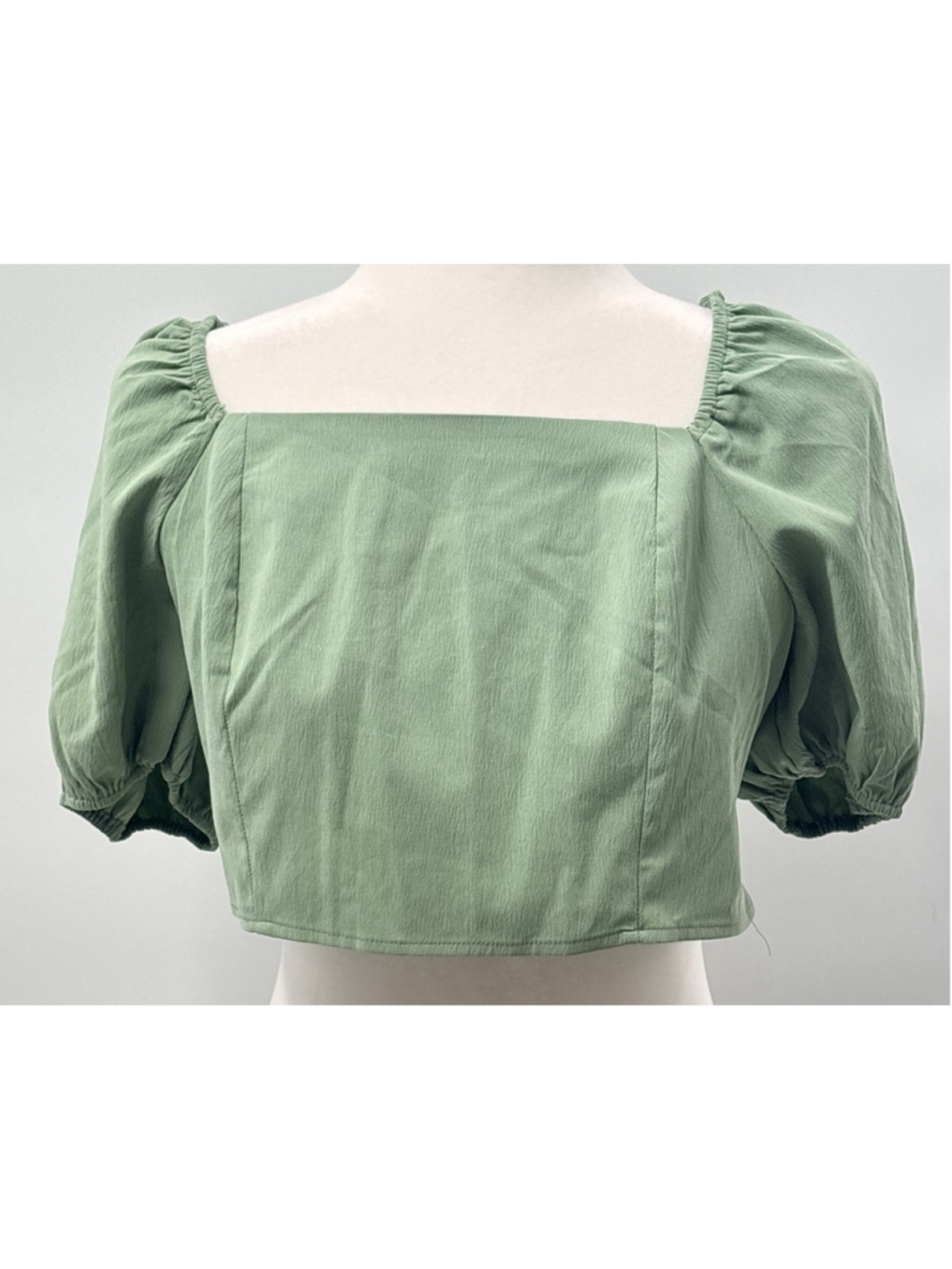 SHEIN Sage Green Puff Short Sleeve Crop Top Tie Back Square Neck Milkmaid Large